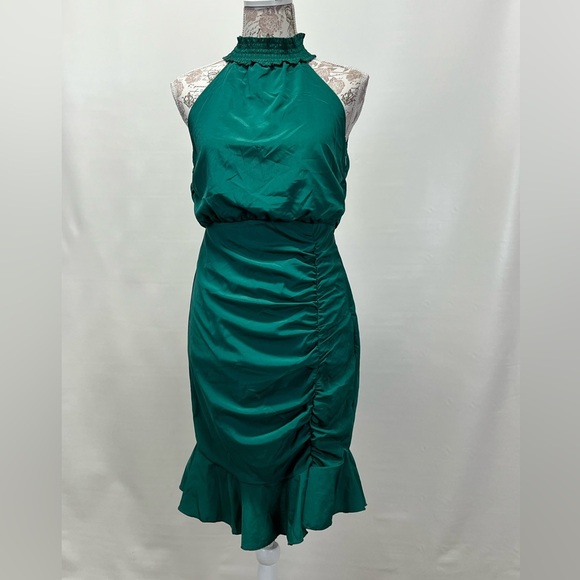 AREA STARS Forest green high neck ruched mini‎ dress size M. - Picture 5 of 16